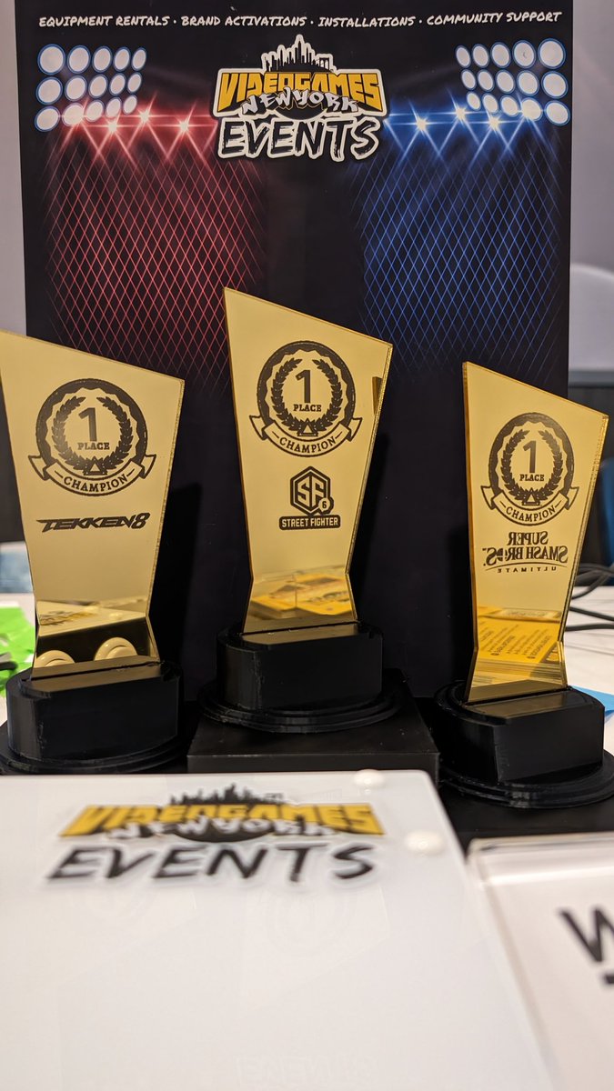 VideoGamesNYC's tweet photo. We would like to thanks our maker community for this weeks trophies πππ
The Smash logo may be backwards but they are still beautiful ππ
#MondayNightMix #nycfgc @playallgaming @VGNYevents https://t.co/eXRc2ogjEL