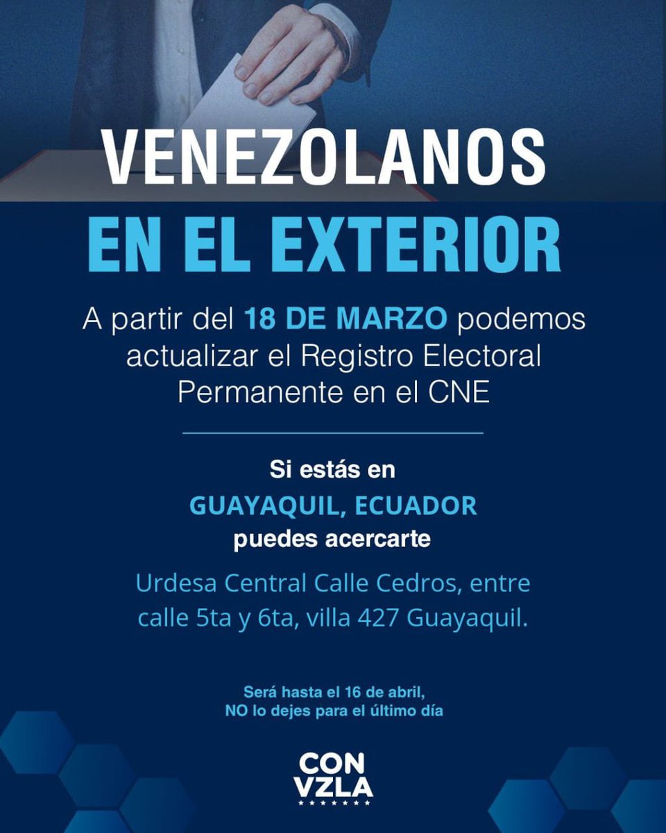 vente_mundo's tweet photo. Venezolanos en el exterior: a partir del #18Mar podemos actualizar el Registro Electoral Permanente en el CNE.

¡Busca tu ciudad! 🇻🇪

#Chile #Perú #Ecuador #Colombia

#ConVzla 

🧵👇🏼 https://t.co/x84NbcwUD1