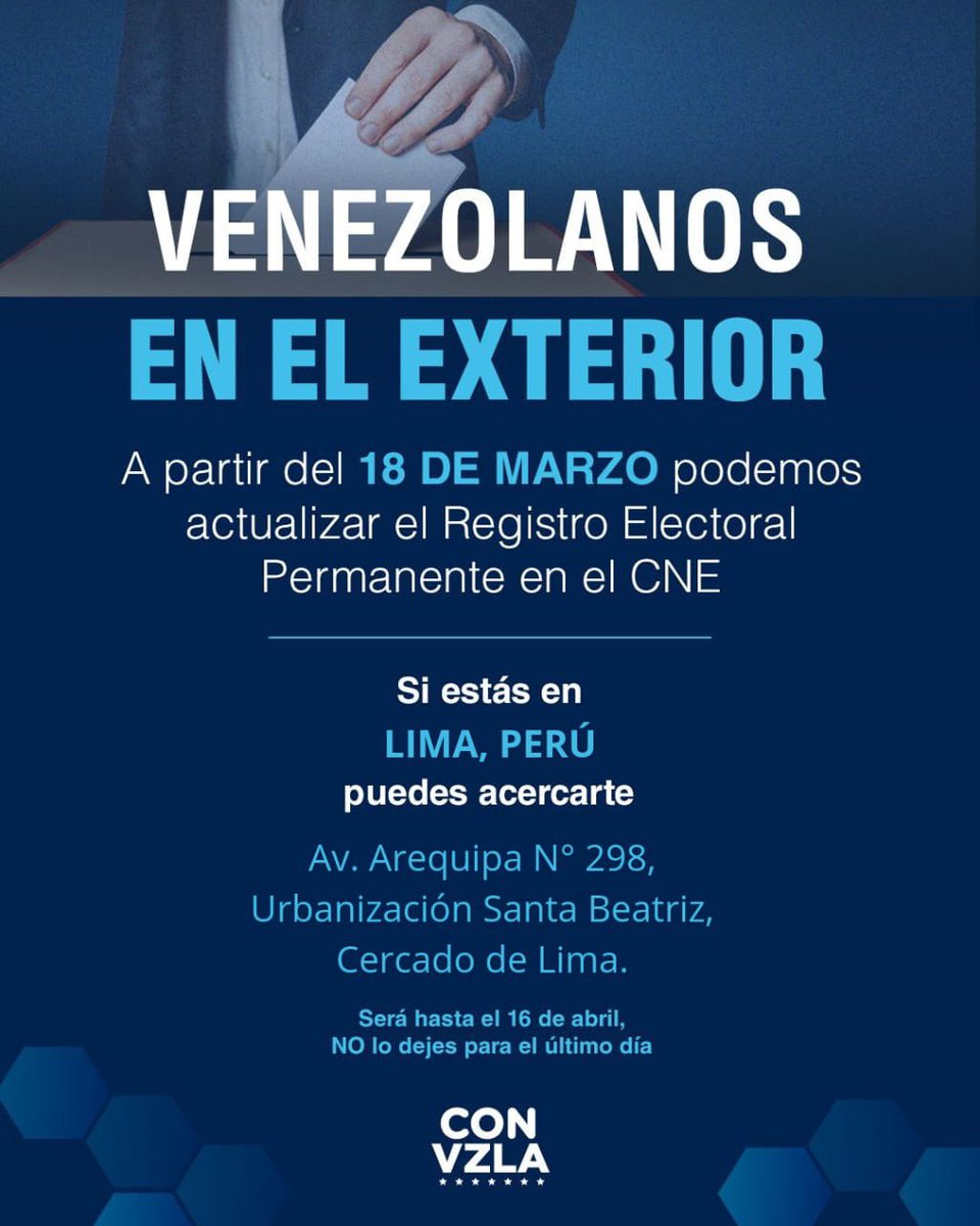 vente_mundo's tweet photo. Venezolanos en el exterior: a partir del #18Mar podemos actualizar el Registro Electoral Permanente en el CNE.

¡Busca tu ciudad! 🇻🇪

#Chile #Perú #Ecuador #Colombia

#ConVzla 

🧵👇🏼 https://t.co/x84NbcwUD1
