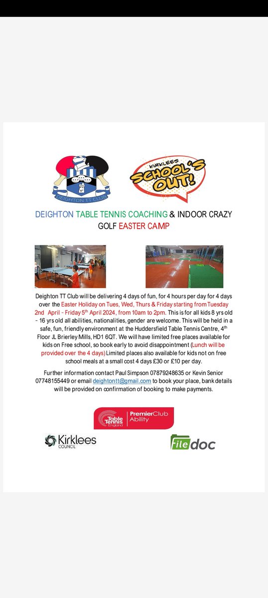 Deighton Premier Ability Table Tennis Club running Easter Camp. <a href="/AshbrowSchool/">AshbrowSchool</a> <a href="/HonleyHighUK/">Honley High School</a> <a href="/KeighleyTT/">Table Tennis Centre</a> @NHTSchool <a href="/PennineSSP/">Pennine Partnership</a> <a href="/NLCSports/">NLC Sports</a> <a href="/KMSchool/">Kirkburton Middle School</a> <a href="/fixbyschool/">fixbyj&ischool</a> <a href="/SNHSsport/">Salendine Nook Sport</a> <a href="/cvhspe/">CVHS PE</a> <a href="/CrossHeathSport/">Crossley Heath Sport</a> <a href="/tslkirklees/">Third Sector Leaders Kirklees</a> <a href="/ScissettMiddle/">Scissett Middle School</a> <a href="/moor_end/">Moor End Academy</a>