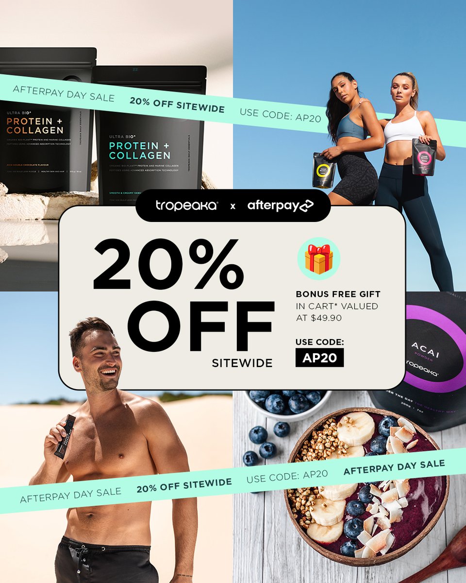 Tropeaka's tweet photo. AFTERPAY SALE ON NOW! 🔥🚨⁠ 20% Off Sitewide⁠ + Bonus gifts in cart*. Use code: AP20⁠. Shop now 👉 https://t.co/D9q96z0QmU https://t.co/cNmYxCGstP