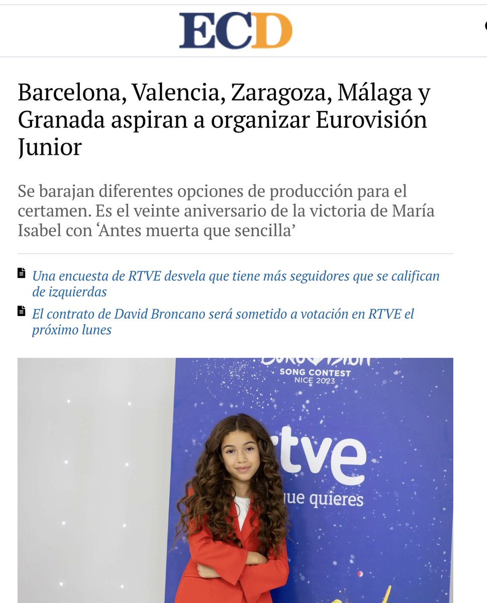Según <a href="/ecd_/">Confidencial Digital</a>, Barcelona, Valencia, Zaragoza, Málaga y Granada han solicitado a RTVE ser sede de #Eurovision Junior 2024. 

Comenta el post que andan reuniéndose en estos días para conocer cada una de las propuestas. 

🔗 elconfidencialdigital.com/articulo/medio…