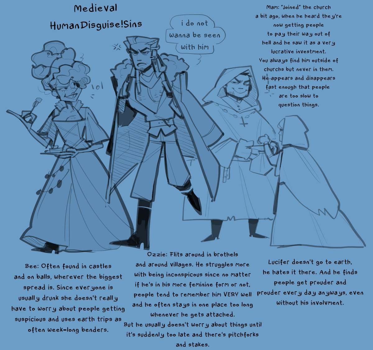 juulcheesecake's tweet image. while the actual comic w them isnt done yet i made this little sheet w the designs and info, this is based on the idea of &quot;what if back in the day the sins sometimes still went to earth themselfs to spread yknow sin&quot; 

#HelluvaBoss #helluvabossfanart