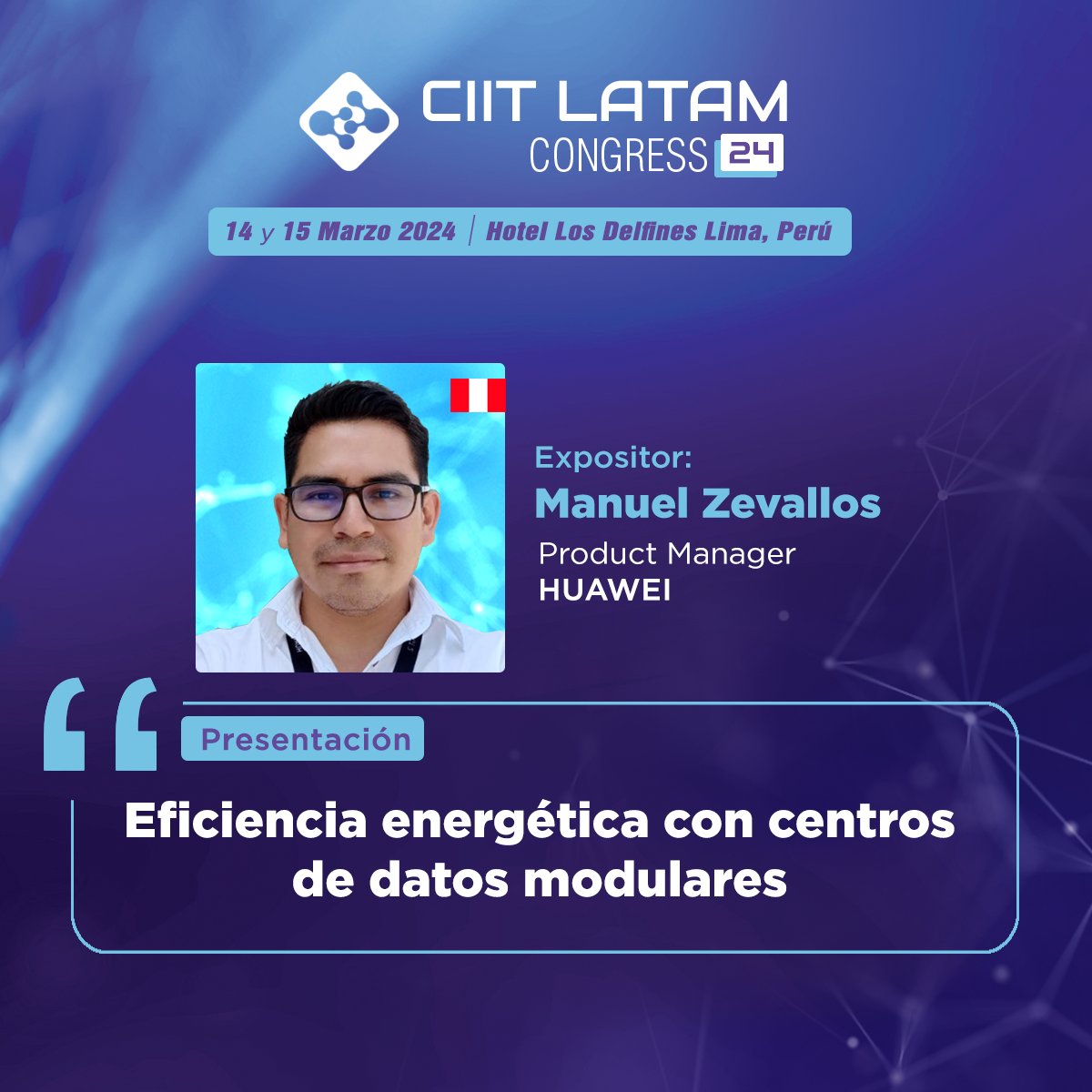CIIT Perú (@ciitperu) on Twitter photo Sé parte del CIIT Latam Congress 24 y escucha la presentación de Manuel Zevallos, Product Manager de Huawei partner de Sumtec. Su presentación se titula: "Eficiencia energética con centros de datos modulares".
🎟Adquiere tu entrada: bit.ly/CIITLC24
📧 info@ciitperu.com Sé parte del CIIT Latam Congress 24 y escucha la presentación de Manuel Zevallos, Product Manager de Huawei partner de Sumtec. Su presentación se titula: "Eficiencia energética con centros de datos modulares".
🎟Adquiere tu entrada: bit.ly/CIITLC24
📧 info@ciitperu.com