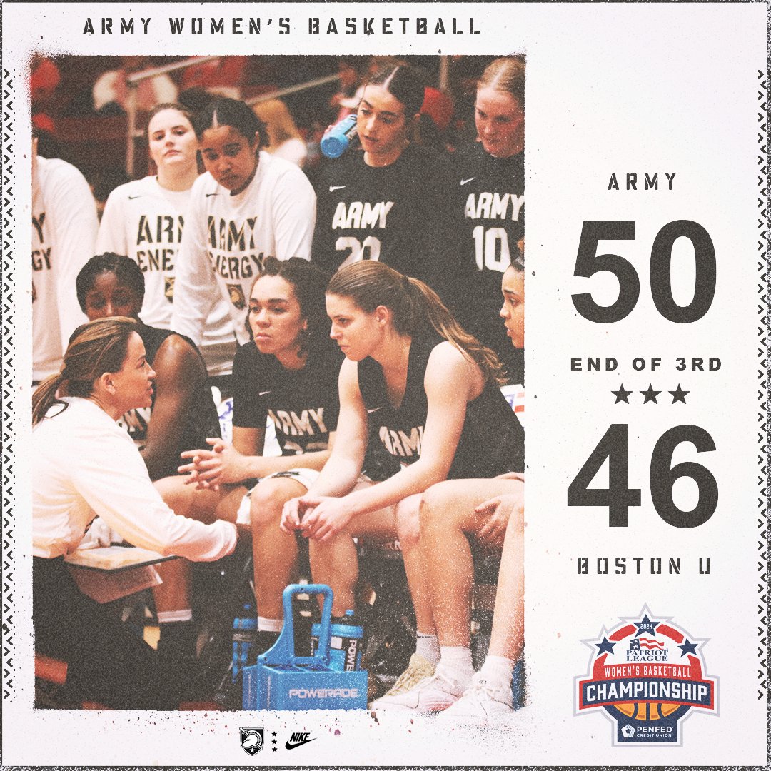 10 more minutes to decide things in this @PatriotLeague Quarterfinal. Fiona Hastick ends the 3rd quarter with a three-point play as we lead by four. #GoArmy | #NoExcuses