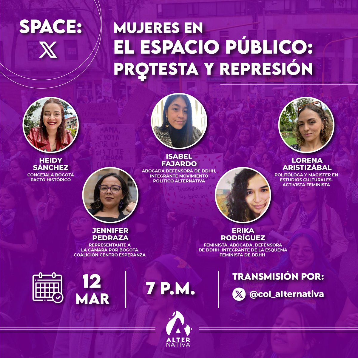 No sé pierdan mañana 12 de marzo a las 7 pm nuestro #Space 'Mujeres en el Espacio Público: Protesta y Represión'

Dónde haremos un análisis de lo ocurrido el #8marzo2024 en Bogotá 

Con invitadas imperdibles 💜
