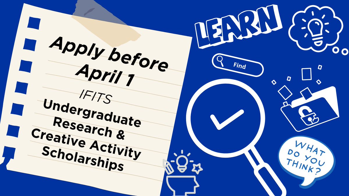 IFITS Undergraduate Research and Creative Activity Scholarships are paid, 12-week scholarships open to ALL MAJORS. 

They give students the opportunity to gain meaningful research skills with a faculty mentor.   

APPLICATION DEADLINE: April 1

bit.ly/4bZJ4mC
