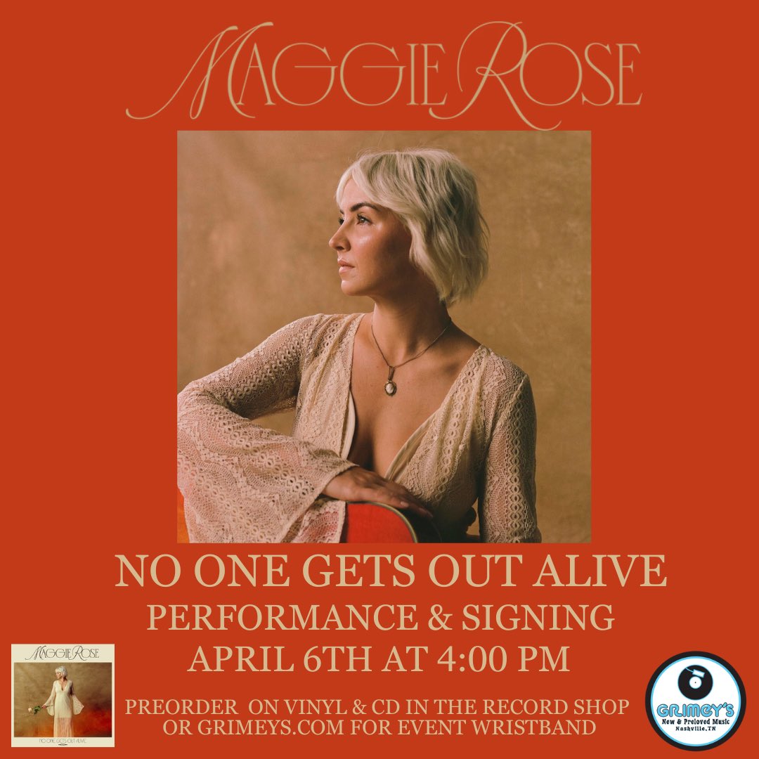 Maggie Rose (@iammaggierose) on Twitter photo NASHVILLE! I'll be doing an in-store performance and signing at <a href="/Grimeys/">Grimey's Nashville</a> New & Preloved Music on April 6th at 4pm! To get a signing entrance wristband, pre-order my new album on vinyl or CD at their record store or website. Learn more at grimeys.com. NASHVILLE! I'll be doing an in-store performance and signing at <a href="/Grimeys/">Grimey's Nashville</a> New & Preloved Music on April 6th at 4pm! To get a signing entrance wristband, pre-order my new album on vinyl or CD at their record store or website. Learn more at grimeys.com.