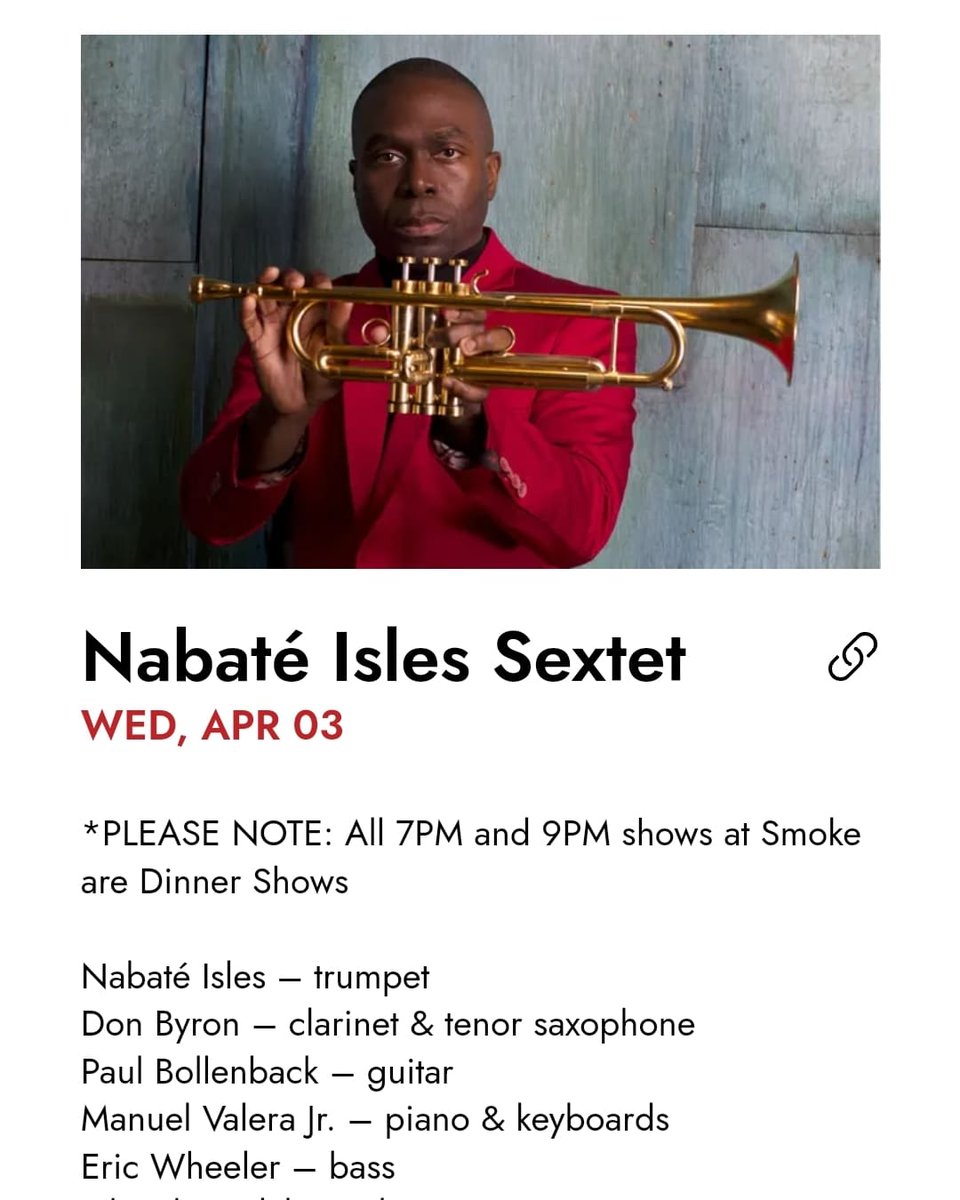 WEDNESDAY, APRIL 3RD (7PM &amp; 9PM), I'll have the honor of leading my band at <a href="/smokejazzclub/">Smoke Jazz Club</a>! I'll be joined by these brilliant musicians: Don Byron, <a href="/PaulBollenback/">Paul Bollenback</a>, @manuelvalera, Eric Wheeler &amp; Abe Fogle (🥁). 

Make sure to get your tickets fast:

tickets.smokejazz.com/shows/2469/?da…