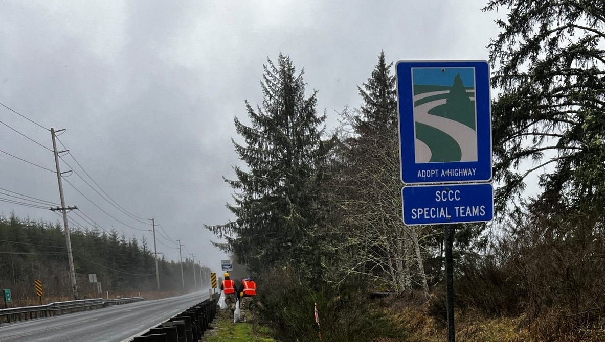 DOC staff from Stafford Creek Corrections Center participate in @wsdot's Adopt-A-Highway program, picking up litter from the side of SR105. Volunteering on personal time, members of the Emergency Response Team recently collected 40 large bags of trash, tires, car parts and more!