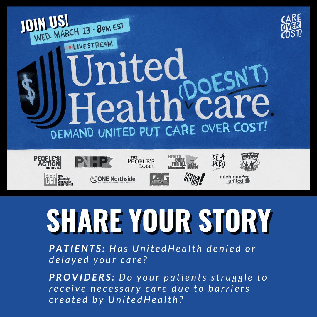 Join us on Wed, Mar 13th at 7pm for "UnitedHealth (Doesn't) Care"

Come &amp; hear about the national campaign to demand #CareOverCosts. Plus share YOUR story!

Register at tinyurl.com/yxdhyep8