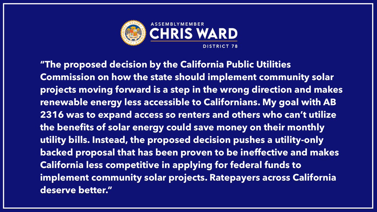 My statement on the recent proposed decision by the California Public Utilities Commission on implementing community solar projects. #solarpower #CleanEnergy #solar #ab2316 #communitysolar
