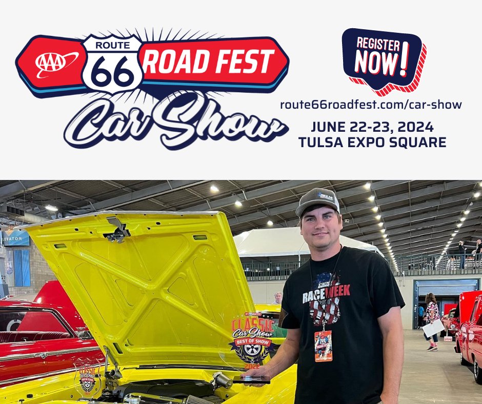 Get ready to showcase your car at Route 66 Road Fest's indoor car show this June 22 & 23, 2024, in Tulsa, Oklahoma. We’re inviting you along for the ride with special early bird pricing. Registration is only $35 through May 26, 2024! route66roadfest.com #route66roadfest