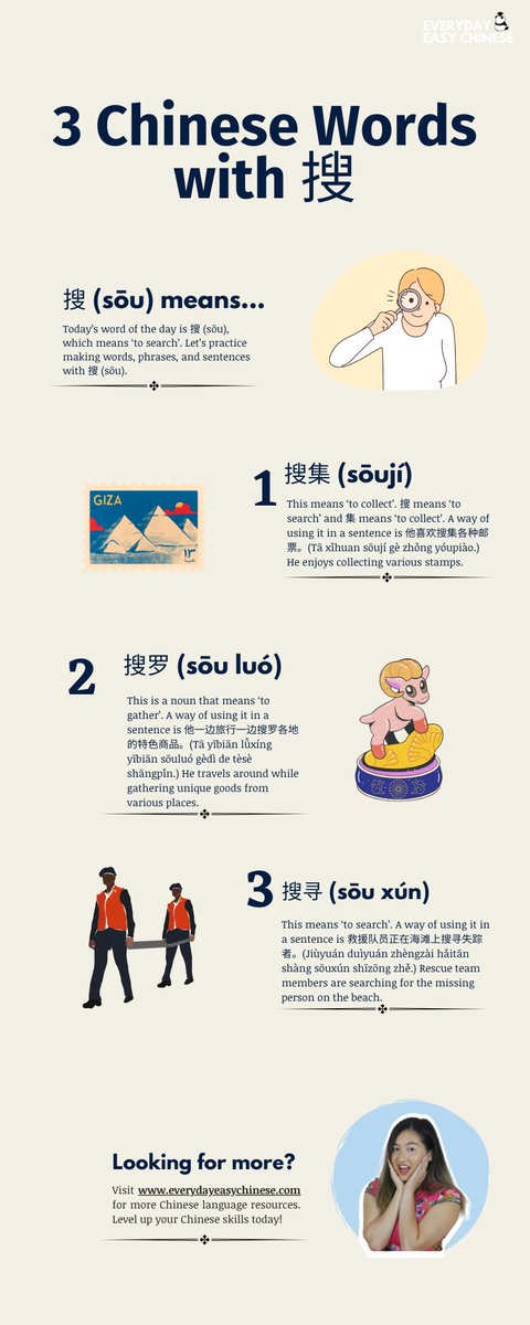 EverydayEasyChi's tweet photo. What does 搜 (sōu) mean? Find out the meaning of this Chinese character and learn new words and sentences in today's infographic.
#hsk #learnchinese #chinese #learmandarin #mandarin https://t.co/8zdivIZndW