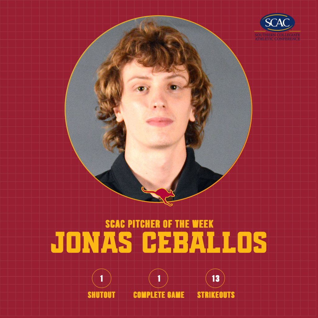 Congratulations to Jonas Ceballos on being named the SCAC Pitcher of the Week following a stellar performance against Blackburn! #RooNation #BeFierce
