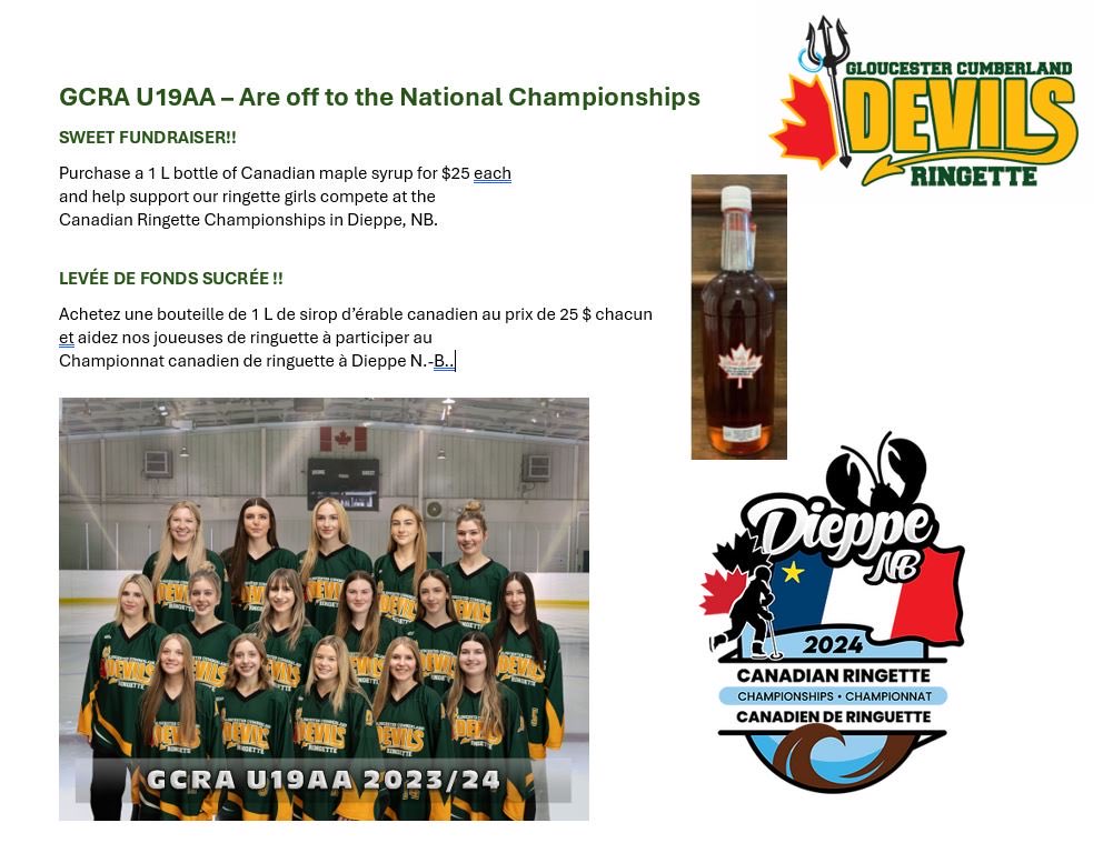 Kate’s U19AA ringette team has advanced to Nationals!!! Please DM if interested in purchasing maple syrup ($25 for 1L) to support their fundraising efforts to travel to Dieppe, NB for the championships!