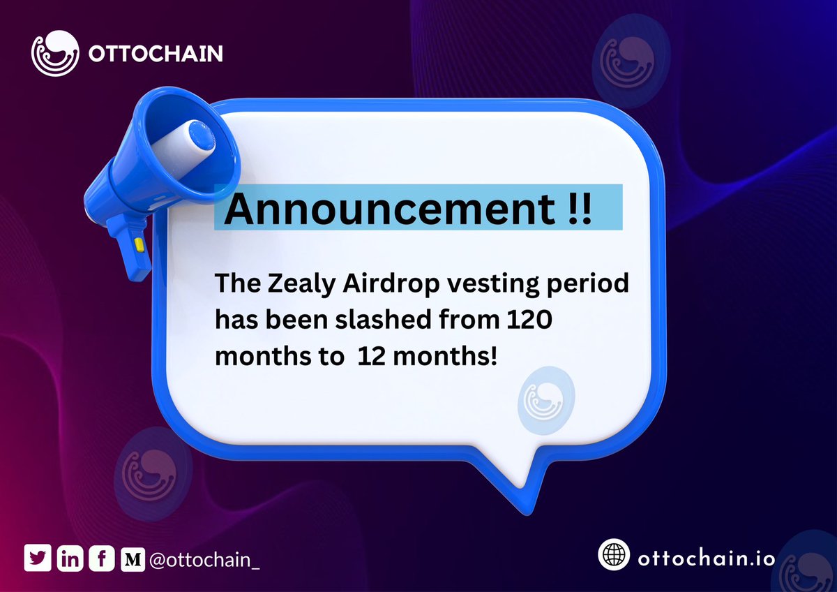 📢 Exciting News to Ottochain Community🤩
We’re thrilled to announce that #ZealyAirdrop vesting period has been slashed from 120 months to 12 months period!

All Zealy and other forms of Airdrop distribution will receive their total $OTTO Allocation within 12 Months🎉

A seamless…