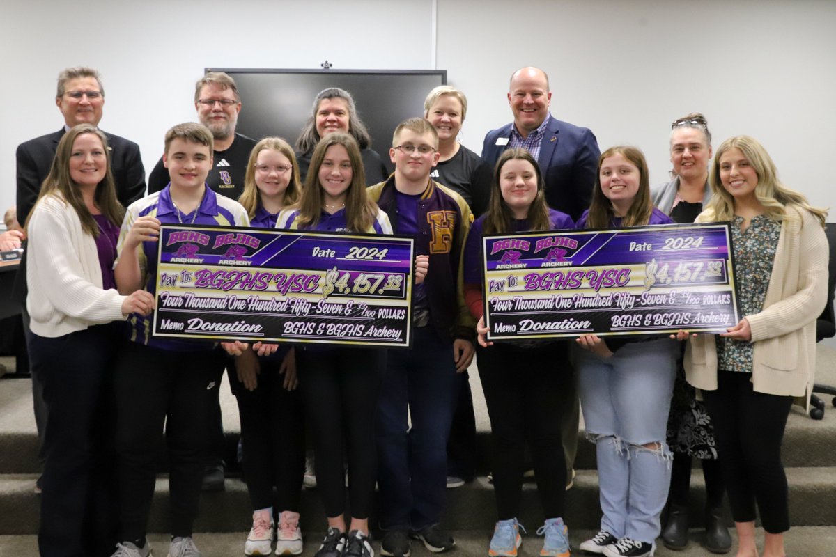 Bowling Green Junior High and Bowling Green High School Archery Teams presented donations of $4,157.33 to the BGJHS and BGHS Youth Services Centers at the March Board meeting. Donations are proceeds from the archery meet hosted at Feb. 23rd and 24th, where 680 archers competed.
