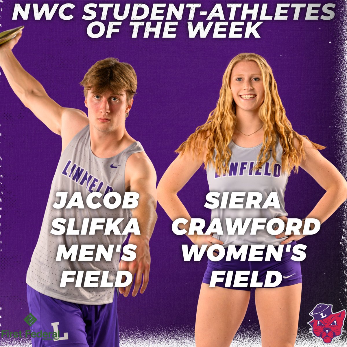 LinfieldXCTF's tweet photo. Linfield’s Jacob Slifka and Siera Crawford represent the Wildcats track and field team🟣🔴

Read more at: https://t.co/1kR3NZlnYg

#RollCats | #LinfieldTF | #d3tf https://t.co/udF9Wb7PlZ
