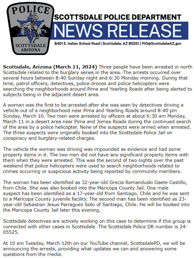 Dinnertime Burglary Arrests update from @ScottsdalePD 

Press conference 10:00 a.m. tomorrow (3/12) 

#Scottsdale