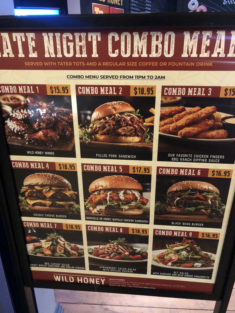 I love how this BBQ place at the @TropicanaAC has special combo meals available at 11 pm, but the place CLOSES at 10 pm. Why not offer the combo prices at 9 pm, or better, ALL THE TIME? #falseadvertising Looks like we will NOT be eating at Wild Honey tonight… #ripoff