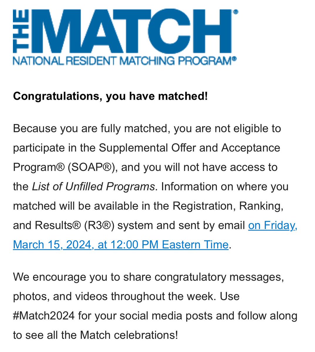 medmotivated's tweet image. It feels so surreal to see this email and know that I’m about to be a whole doctor 🙈🙈 congratulations to everyone that matched today. We did it 🎊🍾 #Match2024 #ngp #futurefaap