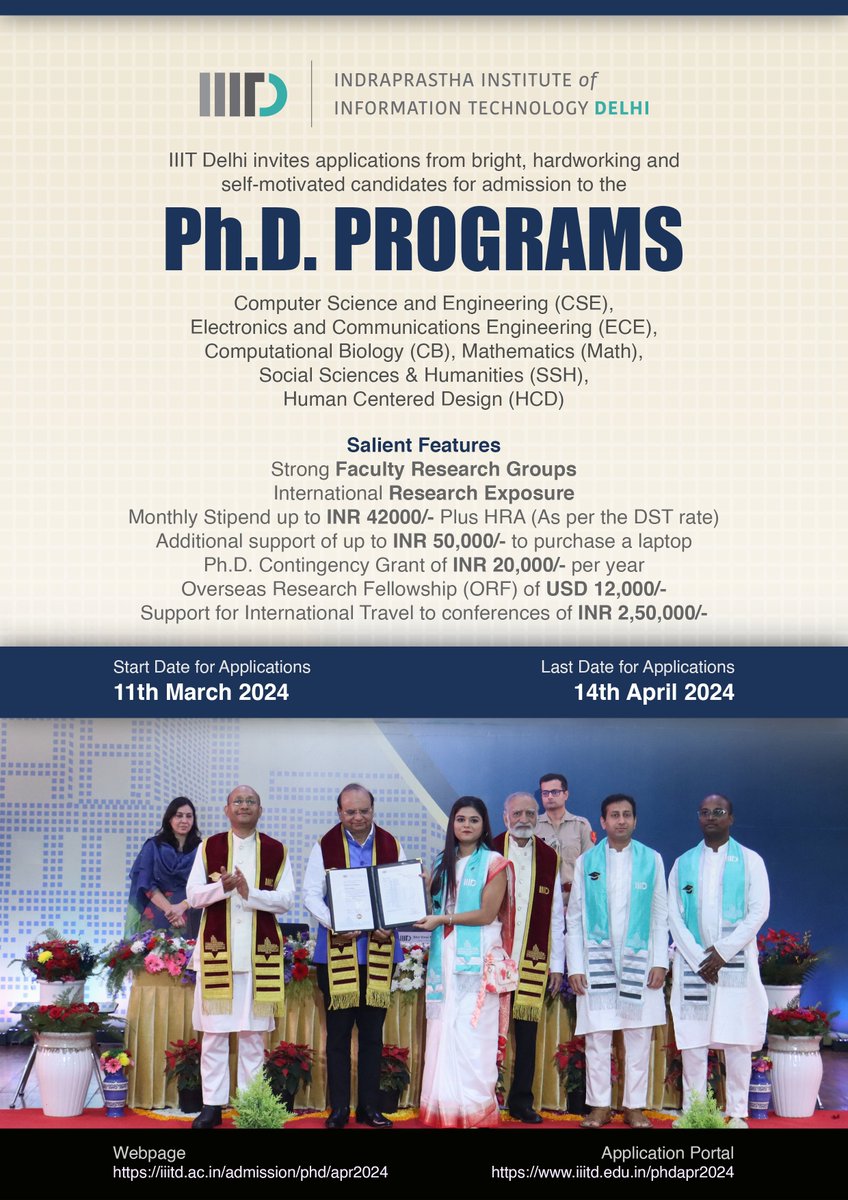 IIITDelhi's tweet image. Regular round of Ph.D. admissions is now open at IIIT-Delhi for various programs which include Computer Science and Engineering (CSE), Electronics and Communications Engineering (ECE), Computational Biology (CB), Mathematics (Math), Social Sciences & Humanities (SSH) and Human…