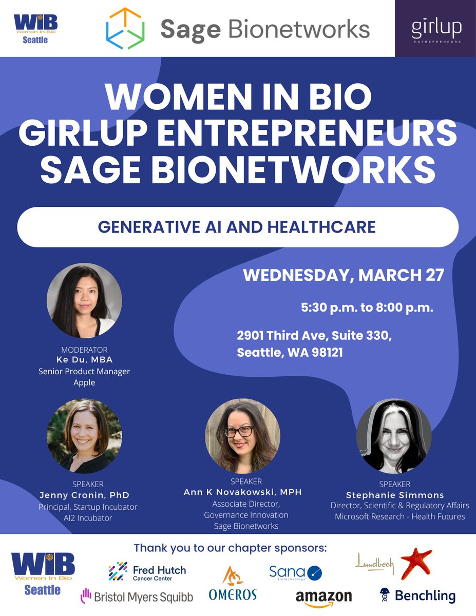 Still some spots remaining for our free panel and networking event onsite, March 27, focused on Generative AI & Healthcare. Esteemed panel will discuss the opportunities and challenges of this rapid innovation. Come and meet us! Register here: community.womeninbio.org/event/seattle3… #health #AI