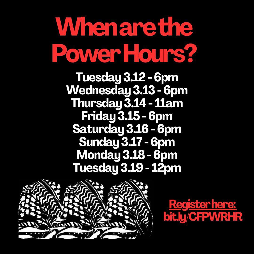 Join us for a Power Hour to connect with Rochester city Council members by calling and emailing them to let them know we support the memorializing resolution calling for a ceasefire in Gaza, and an end to US military aid to Israel. 

Register here: bit.ly/CFPWRHR