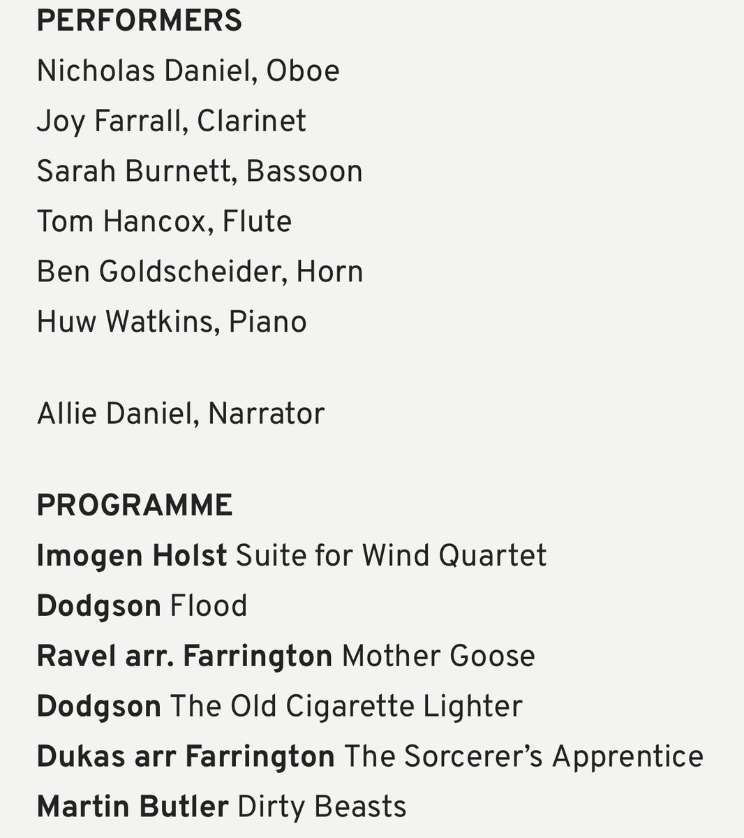 In awe of tonight’s musicians: thank you <a href="/ndanielmusic/">Nicholas Daniel OBE 🇺🇦🏳️‍⚧️</a> <a href="/bengoldscheider/">Ben Goldscheider</a> <a href="/WatkinsHuw/">Huw Watkins</a> @alliedaniel_ and Joy, Sarah and Tom. Such a fun and dramatic programme.