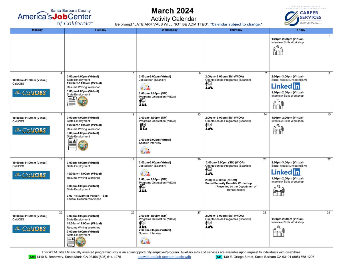 sbcajcc's tweet image. 📢 March 2024: Empower Your Career with Our Upcoming Workshops!
March 2024 is packed with virtual and in-person workshops designed to boost your career. Whether you&apos;re enhancing your resume, sharpening your interview skills, or navigating state employment, we&apos;ve got you covered.