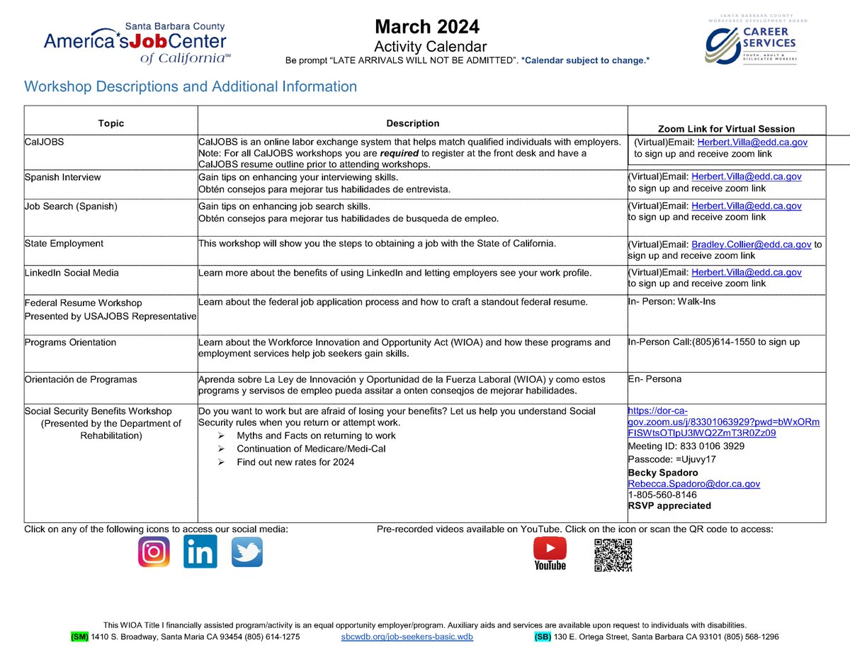 sbcajcc's tweet image. 📢 March 2024: Empower Your Career with Our Upcoming Workshops!
March 2024 is packed with virtual and in-person workshops designed to boost your career. Whether you&apos;re enhancing your resume, sharpening your interview skills, or navigating state employment, we&apos;ve got you covered.