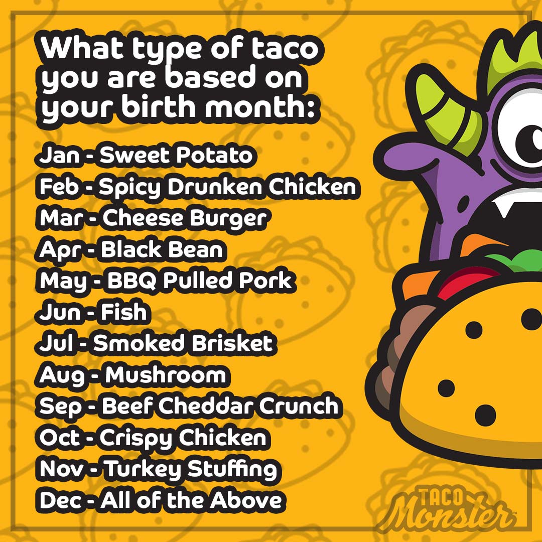 TacoMonsterRD's tweet photo. Are you happy with the type of taco you are? If you disagree, tell us what you wish you were, if you agree, lets see some emojis in the comments!
-
#Birthday #Tacos #WhatAreYou #TacoTuesday #RealTalk https://t.co/wmrBrK0uRE