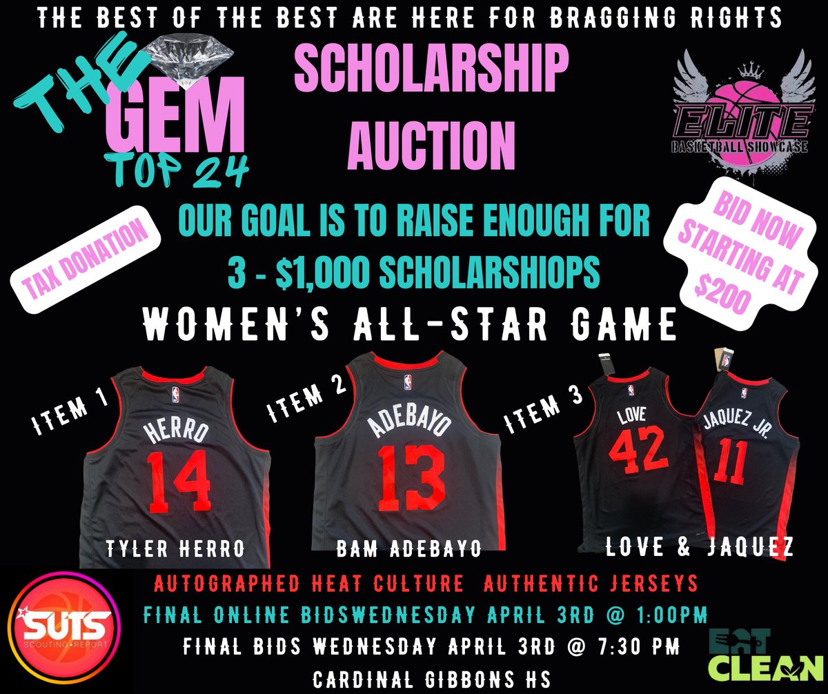 Please share: The 💎 Gem Top 24 Was created to women’s 🏀 at its best. We are taking it even further. Help us reach our goal of 3-$1000 scholarships by bidding on these items. 3 to chose from. Herro? Bam? Love & Jaquez