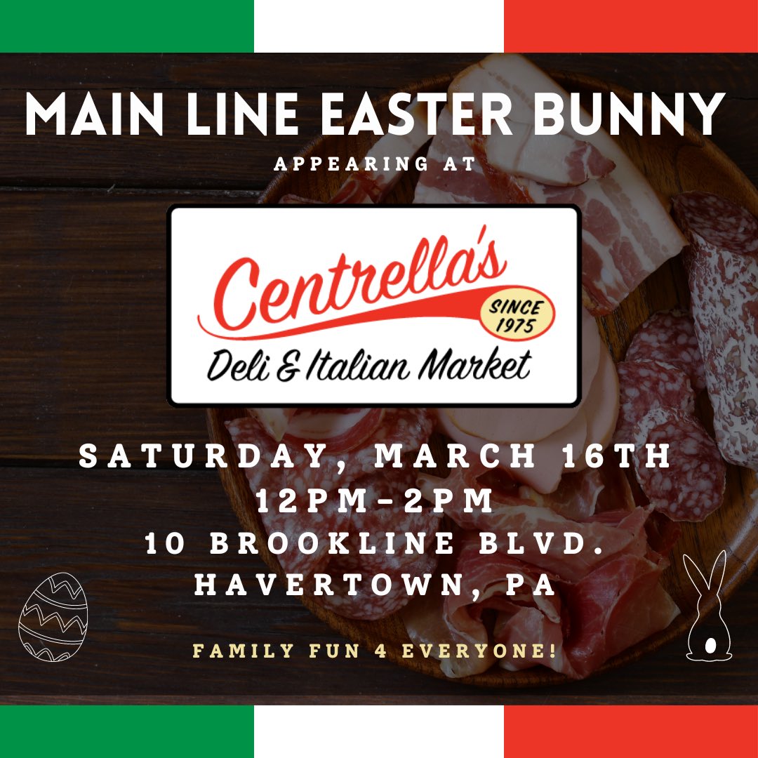 @MNAthletics @marplenewtown @DTMattSmith @MBarkannNBCS @DelcoSports @sportsdoctormd @BillMaas @TerryToohey @delcosportsBob Come on over this Saturday to our big Delco party at Centrella’s‼️ Free photos with me, @MainLineBunny, yummy holidays samples and tons of fun promised. Everyone is welcome. Starts at noon. 🐰🫶🏻🇮🇹 MainLineEasterBunny.com #delco