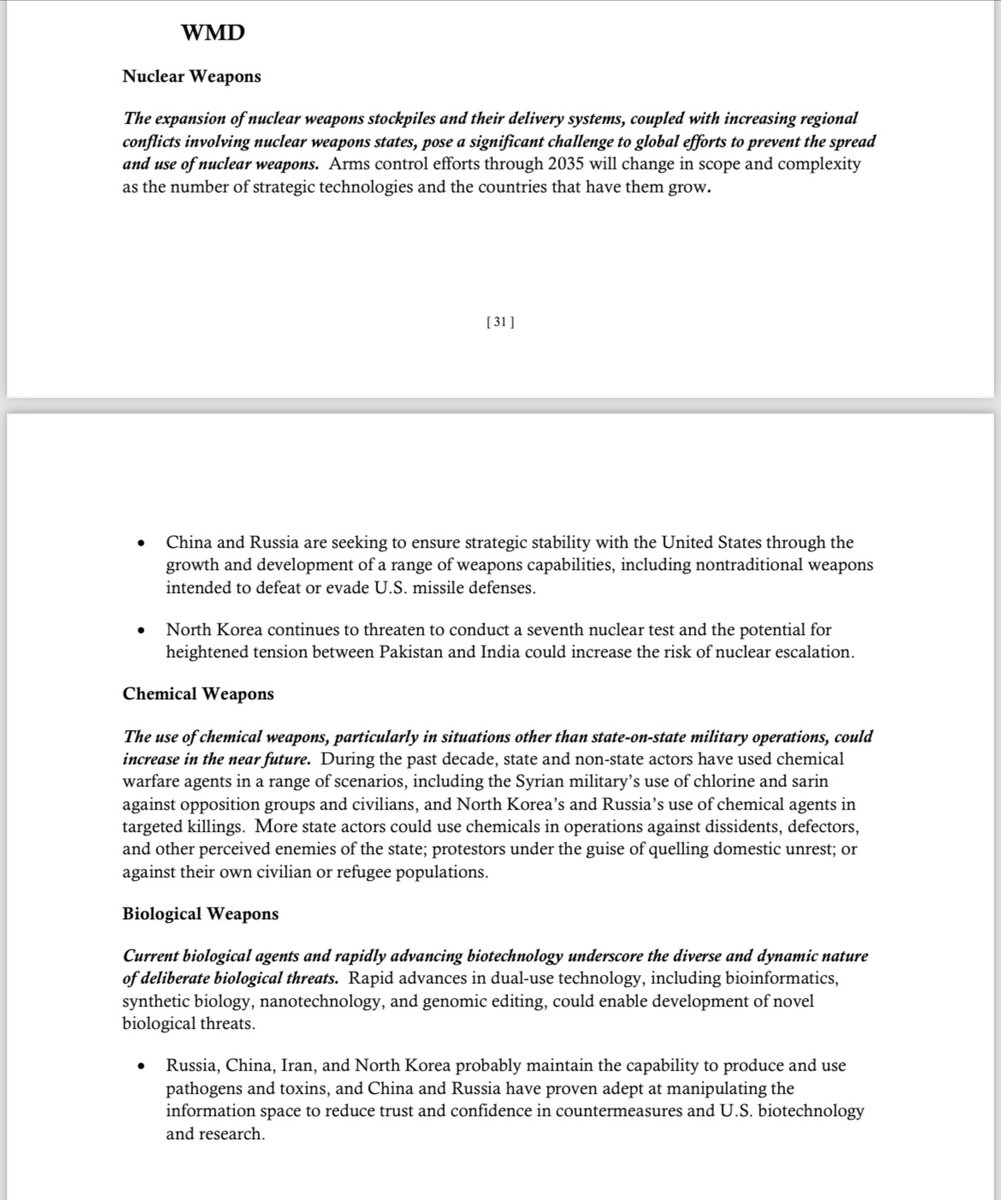 DrLiMengYAN1's tweet photo. ANNUAL THREAT ASSESSMENT
OF THE U.S. INTELLIGENCE COMMUNITY (Feb 2024)
• 🇨🇳 probably possesses capabilities relevant to chemical and biological warfare (CBW) that pose a threat to U.S., allied, and partner forces as well as civilian populations.
• Biological Weapons 
- Current biological agents and rapidly advancing biotechnology underscore the diverse and dynamic nature of deliberate biological threats. 
- Rapid advances in dual-use technology, including bioinformatics, synthetic biology, nanotechnology, and genomic editing, could enable development of novel biological threats.
• Russia, China, Iran, and North Korea probably maintain the capability to produce and use
pathogens and toxins, and China and Russia have proven adept at manipulating the information space to reduce trust and confidence in countermeasures and U.S. biotechnology and research.