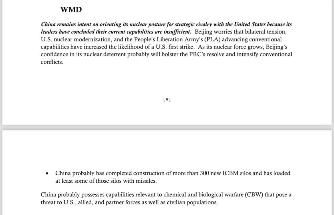 DrLiMengYAN1's tweet photo. ANNUAL THREAT ASSESSMENT
OF THE U.S. INTELLIGENCE COMMUNITY (Feb 2024)
• 🇨🇳 probably possesses capabilities relevant to chemical and biological warfare (CBW) that pose a threat to U.S., allied, and partner forces as well as civilian populations.
• Biological Weapons 
- Current biological agents and rapidly advancing biotechnology underscore the diverse and dynamic nature of deliberate biological threats. 
- Rapid advances in dual-use technology, including bioinformatics, synthetic biology, nanotechnology, and genomic editing, could enable development of novel biological threats.
• Russia, China, Iran, and North Korea probably maintain the capability to produce and use
pathogens and toxins, and China and Russia have proven adept at manipulating the information space to reduce trust and confidence in countermeasures and U.S. biotechnology and research.