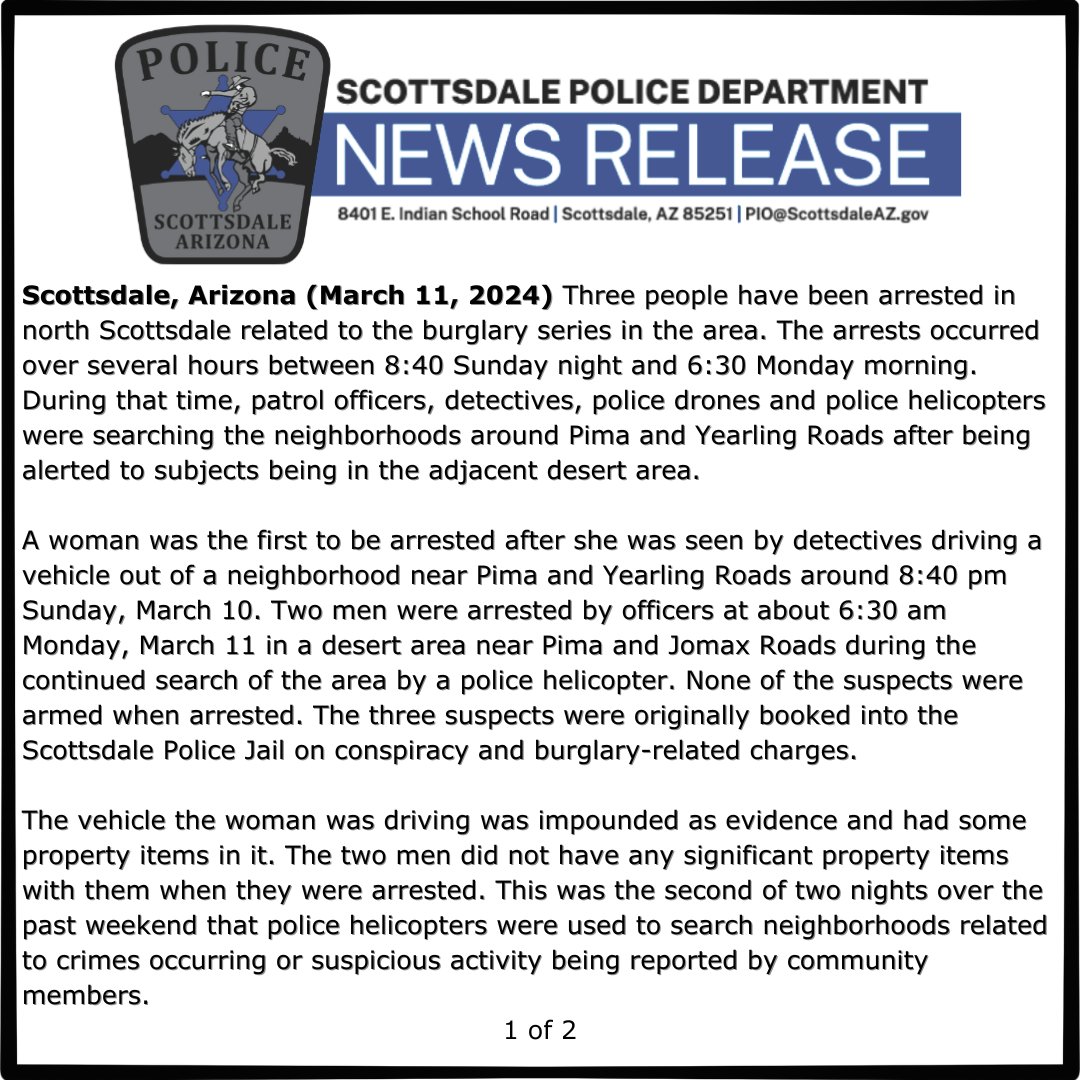 ScottsdalePD's tweet photo. 3 arrested in Scottsdale related to the South American Theft Group (SATG) burglary series. Live announcement tomorrow at 10 am on ScottsdalePD YouTube channel. https://t.co/EzcCmHfGFt