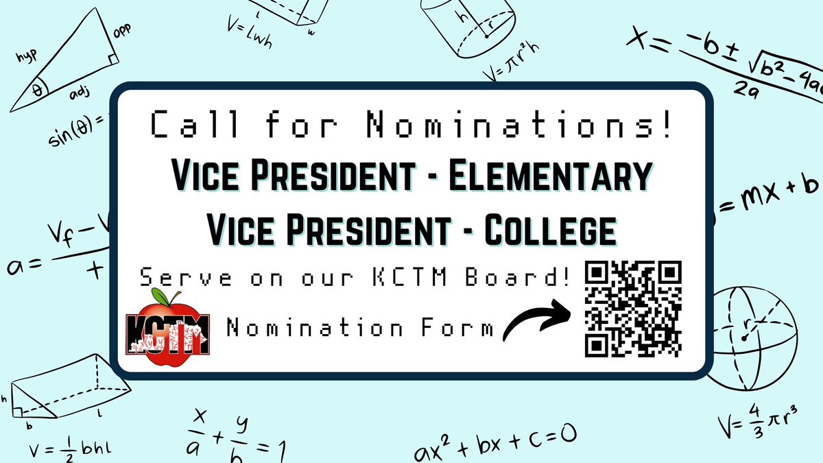 Would you or someone you know like to become more involved in the Kentucky Council of Teachers of Mathematics? We are taking nominations for Vice President-Elementary &amp; Vice President-College now through Monday, March 25.  #KyMath 
Info &amp; nomination form: forms.gle/ea7KFhmzt6EDoD…