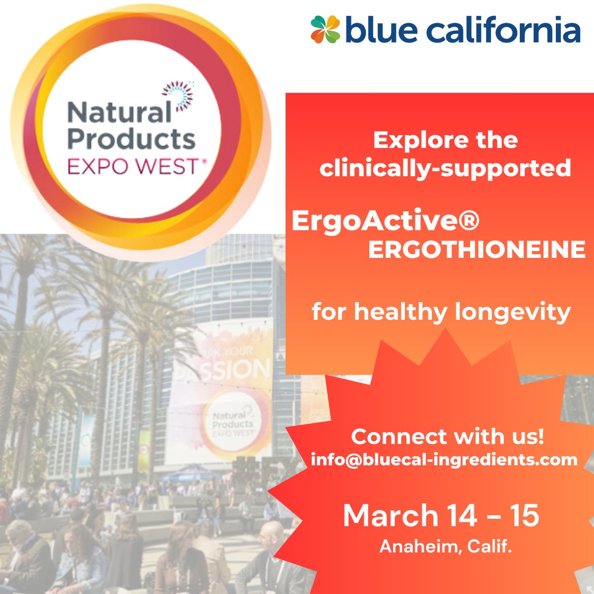 Connect with @BlueCal_Ing Team to learn about the clinically-supported brand of #ergothioneine, #ErgoActive® at #Expowest 2024. Explore this multifunctional #supplement for #healthy #longevity by making an appointment before or at the show. ⇢ info@bluecal-ingredients.com