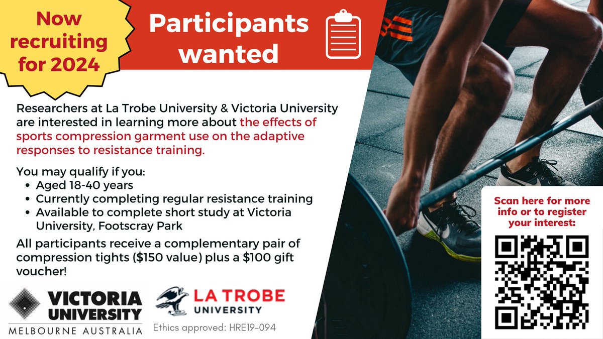 It's been full steam ahead at @victoriauninews with my PhD study on the effects of compression garments on the adaptive responses to resistance training 📋 We are in the final stages of participant recruitment. For more info, go to ➡ lnkd.in/gAJUpBBD