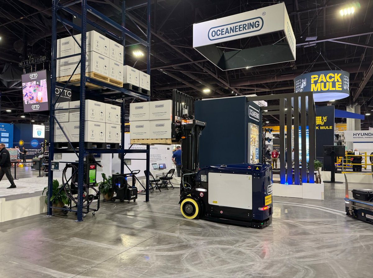 Oceaneering's tweet photo. We had a great first day at Modex! Swing by Booth B9627 to see the MaxMover™ counterbalance forklift and UniMover™ underride mobile robot in action. In-booth presentations start at 11am & 3pm. Learn more: https://t.co/07xsVvnwb6
#automatedlogistics #oceaneeringat60 #modex2024 https://t.co/YOadkOj4lF