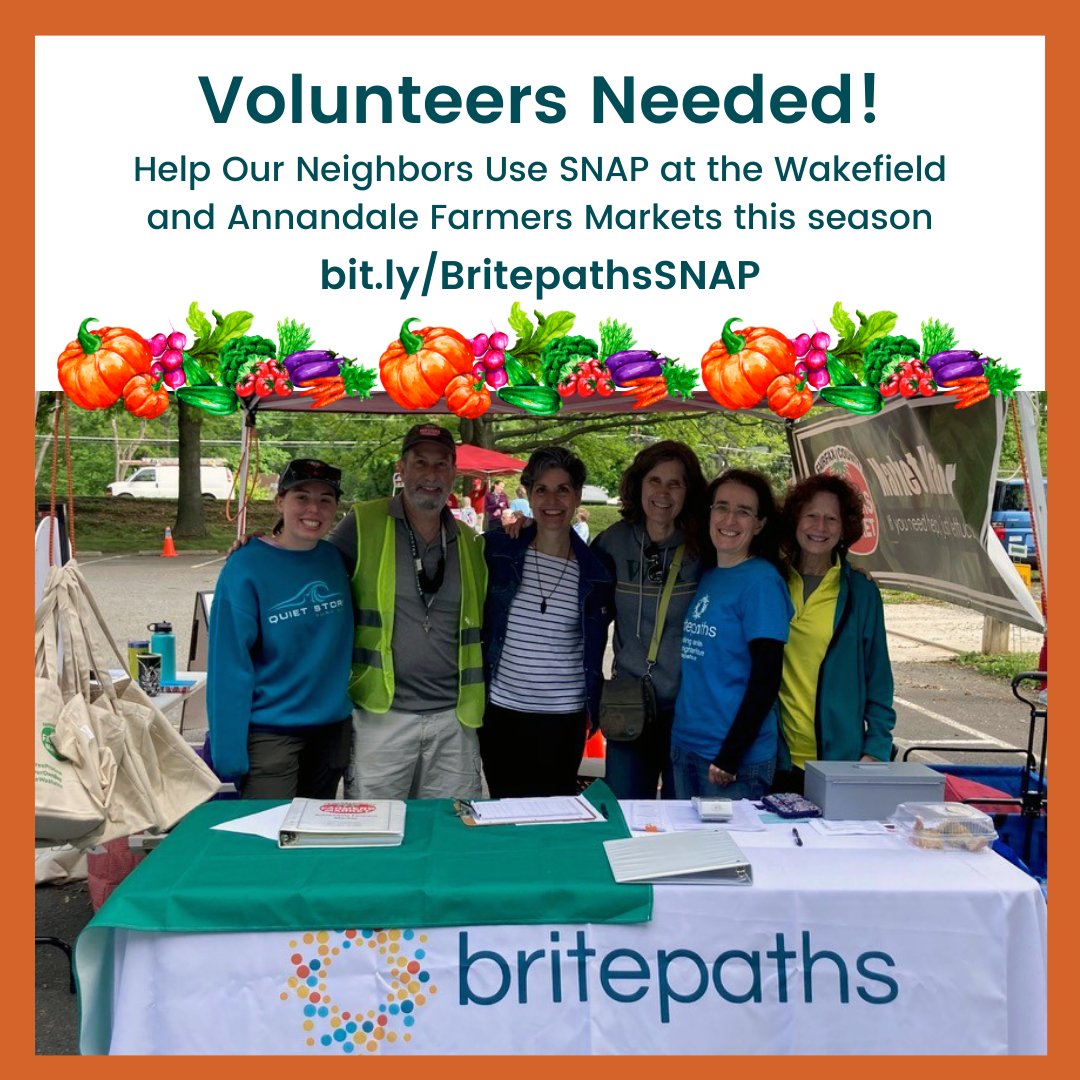 SNAP Volunteers Needed at Wakefield and Annandale Farmers Markets! Please Share! Details at: bit.ly/BritepathsSNAP