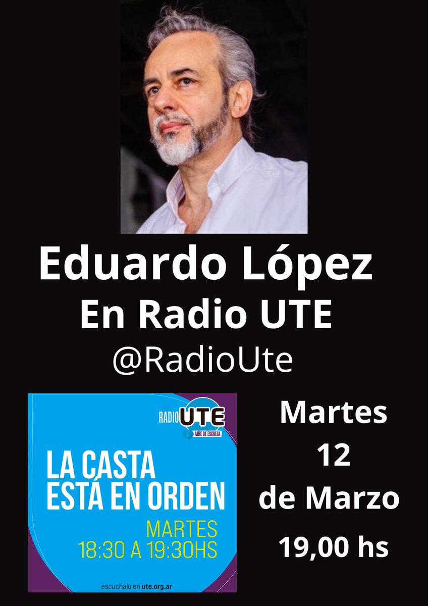 🎙️ Habla Eduardo López

👉🏾 Martes 12 de marzo
🕖 19,00hs
📻 <a href="/RadioUte/">RadioUte</a>

youtube.com/@RadioUTE?si=-…

<a href="/eduardolopezute/">Eduardo López</a> 
<a href="/utectera/">UTE</a> 
#LucharTieneSentido