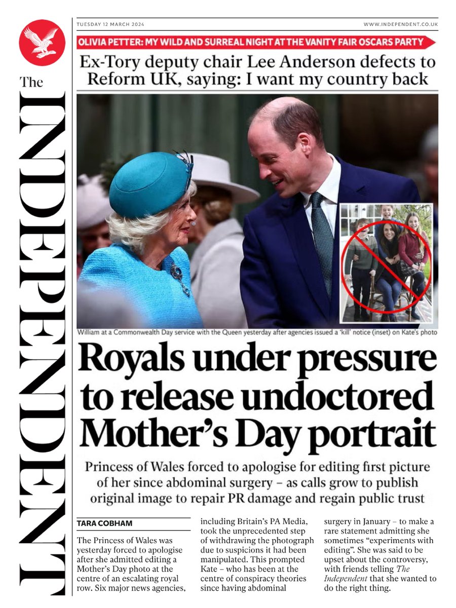 🇬🇧 Royals Under Pressure To Release Undoctored Mother's Day Portrait ▫The Princess of Wales forced to apologise after editing first image released of her since her abdominal surgery in Jan ▫@taracobham ▫tinyurl.com/2alx5zrn #frontpagestoday #digital #UK @Independent 🇬🇧