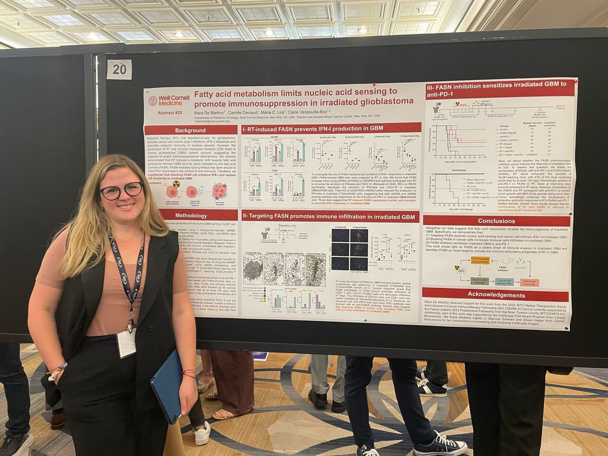 Go check the poster of @maraademartino, talented postdoc of my lab to learn more about how radiation-induced lipid metabolism impairs innate immune response in glioblastoma ! #springSITC #spritc2024 #WCMRadOnc