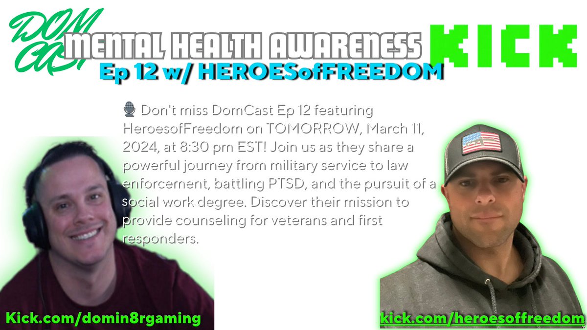 Domin8rGaming's tweet photo. 🔴 LIVE NOW! Join us for DomCast Ep 12 with @heroesoffredom on https://t.co/GFld4yFZtK. An inspiring journey from military service to law enforcement. 🎙️ Let's discuss PTSD, veterans' support, and more! Tune in! #DomCast #HeroesOfFreedom #LiveNow #MilitaryJourney #PTSDAwareness 🚀