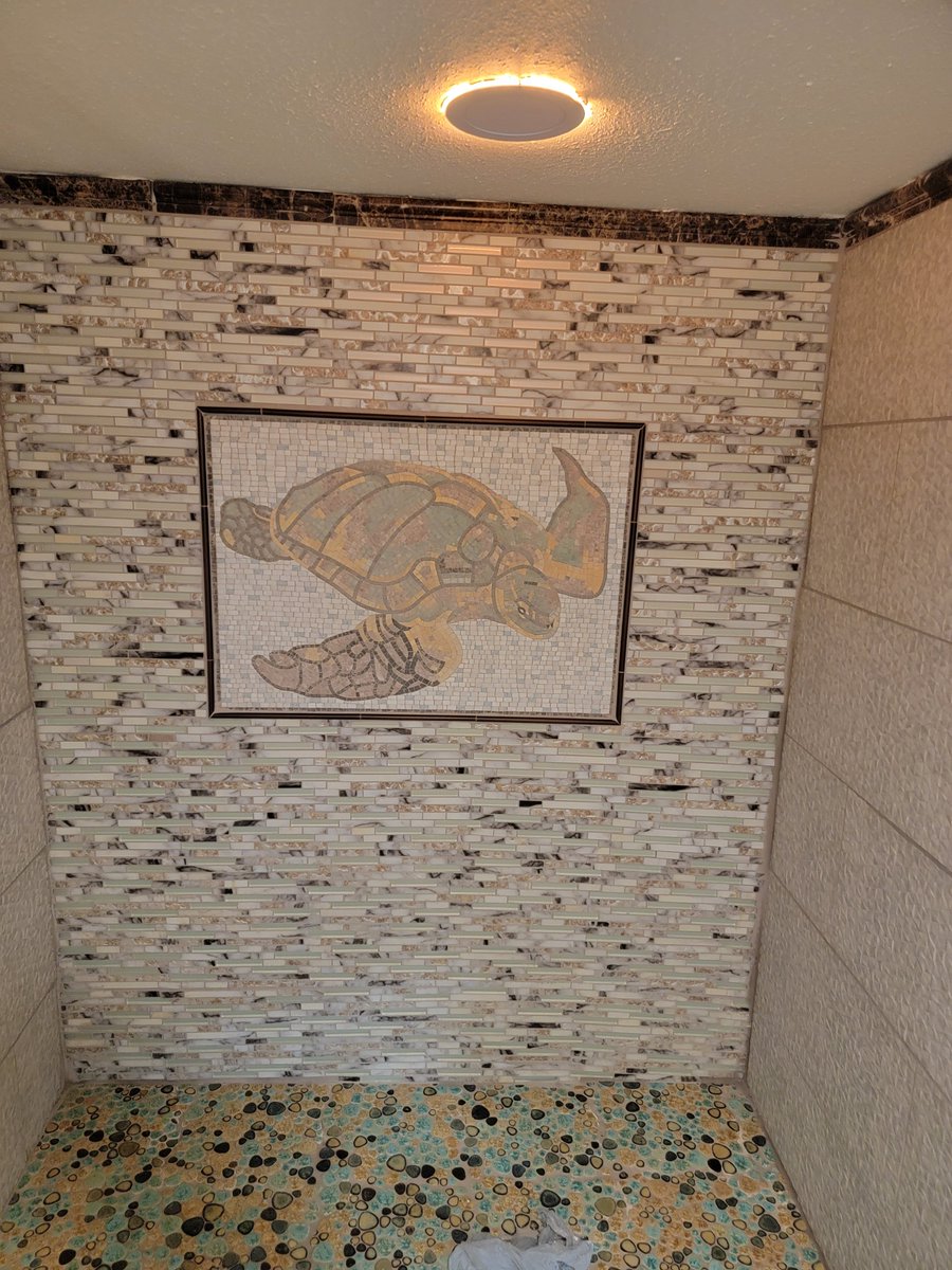 just finished our new bathroom with 8x6 walk in turtle shower (flooring is travertine stone with Onyx Marble inlay flooring)