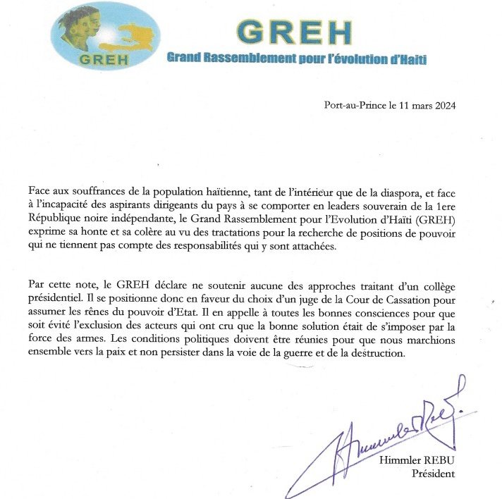 josephlunieOFF's tweet image. Le parti politique #GREH déclare dans une note ce 11 Mars, qu'il ne soutient aucune des approches traitant d'un collège présidentiel, mais se positionne en faveur le choix d'un juge à la Cour de Cassation pour diriger le pays. @josephlunieOFF
