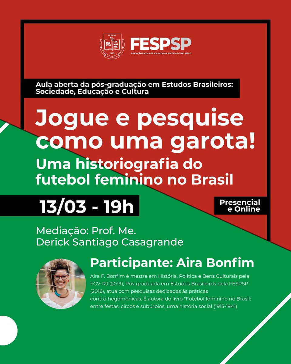 AiraBonfim's tweet photo. Alô São Paulo!! Aulão sobre a História do Futebol (com mulheres!) nessa quarta na @FESPSP_Oficial !! https://t.co/gm7CMwZvoh